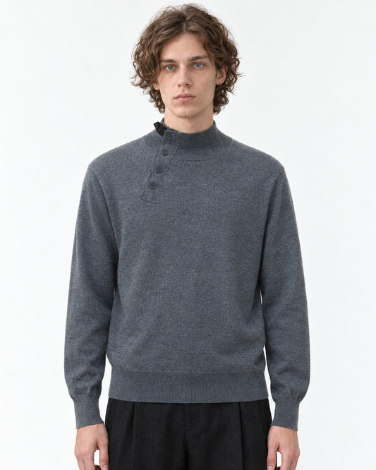 Button-Placket Mock Neck Sweater