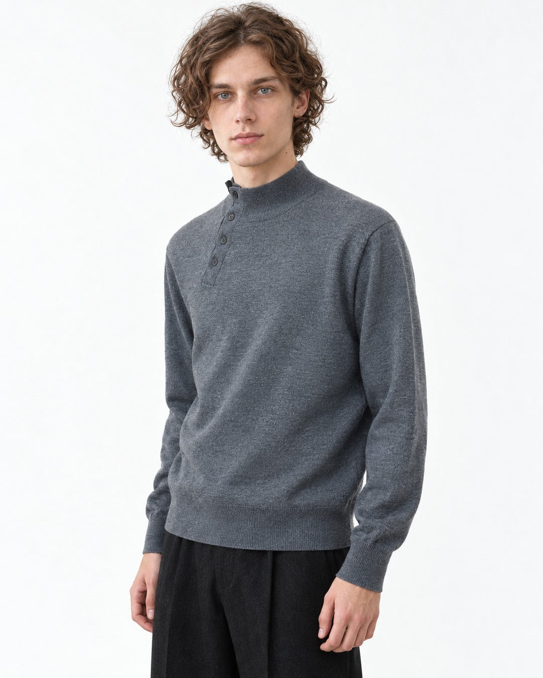 Button-Placket Mock Neck Sweater