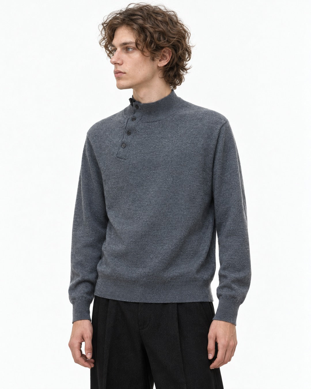 Button-Placket Mock Neck Sweater