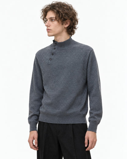 Button-Placket Mock Neck Sweater