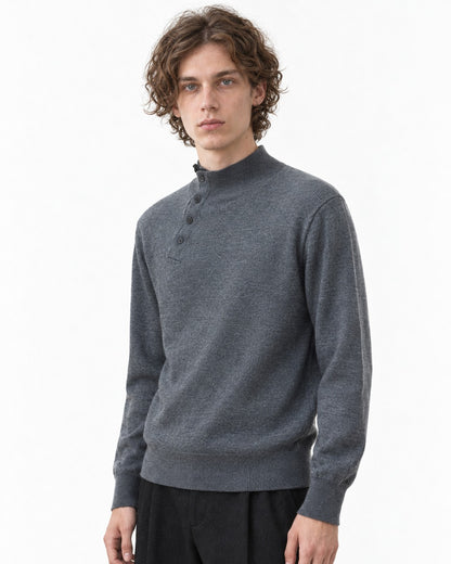 Button-Placket Mock Neck Sweater