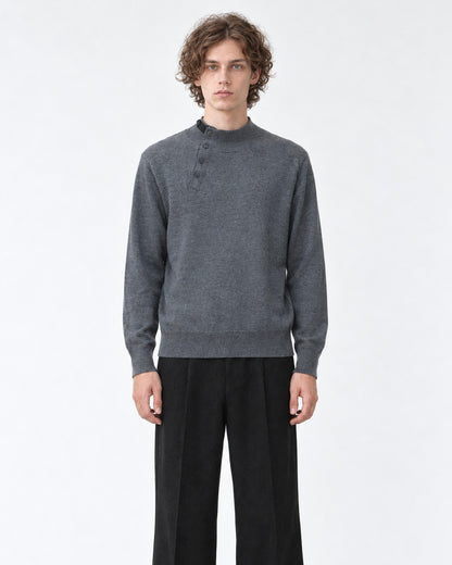 Button-Placket Mock Neck Sweater