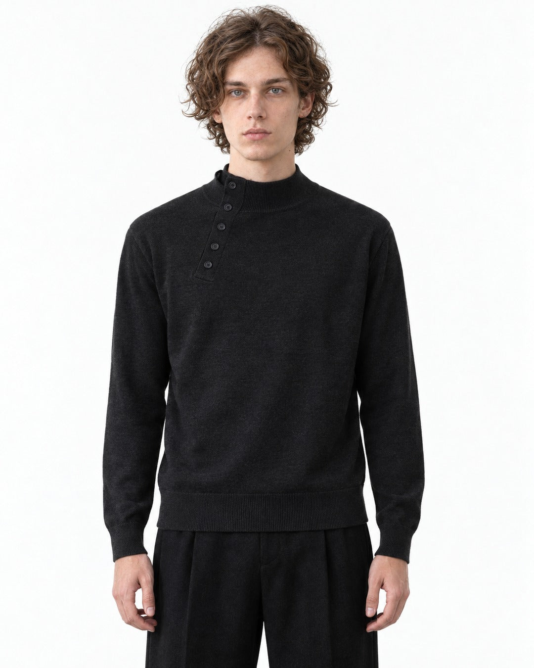 Button-Placket Mock Neck Sweater