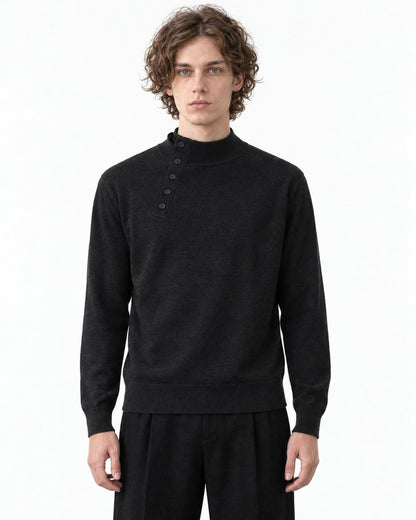 Button-Placket Mock Neck Sweater