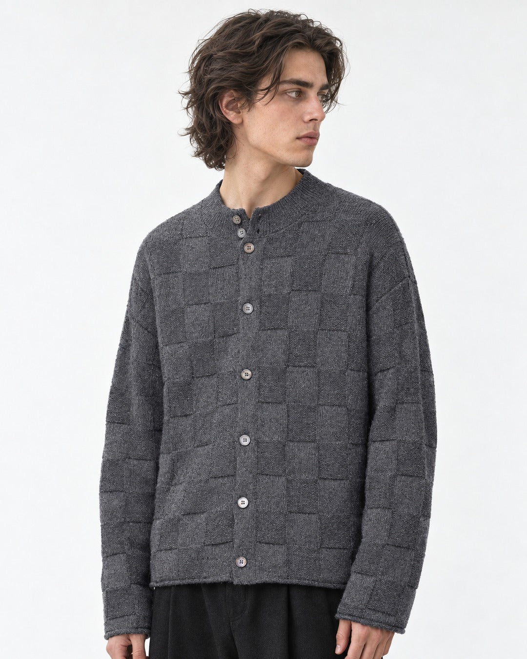Checkerboard-Knit Button Cardigan