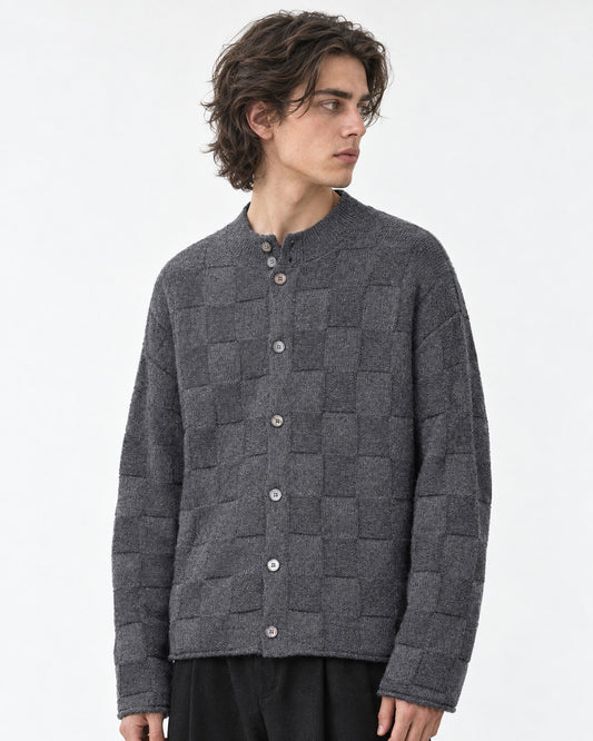 Checkerboard-Knit Button Cardigan