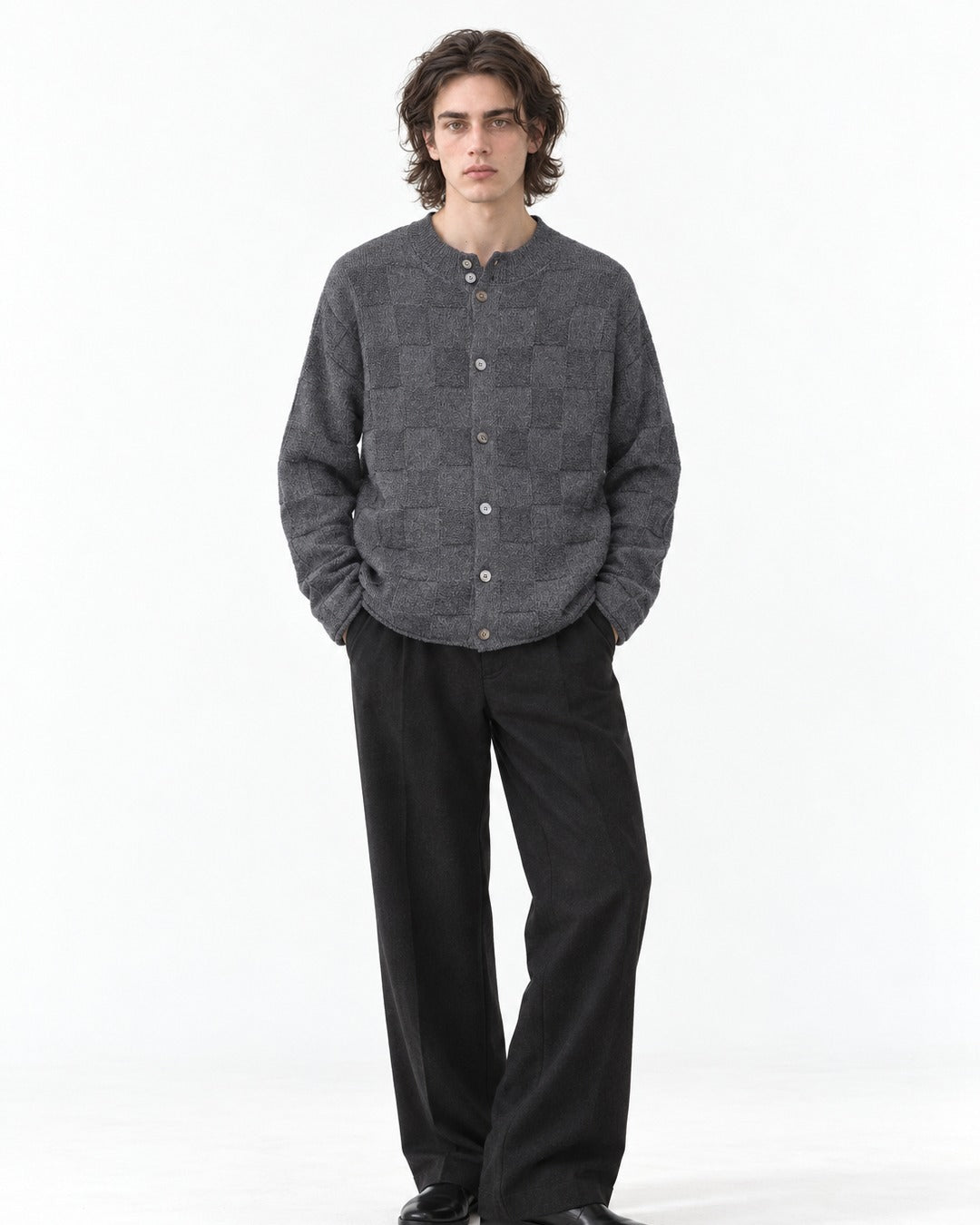 Checkerboard-Knit Button Cardigan