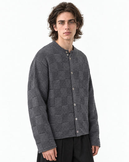 Checkerboard-Knit Button Cardigan