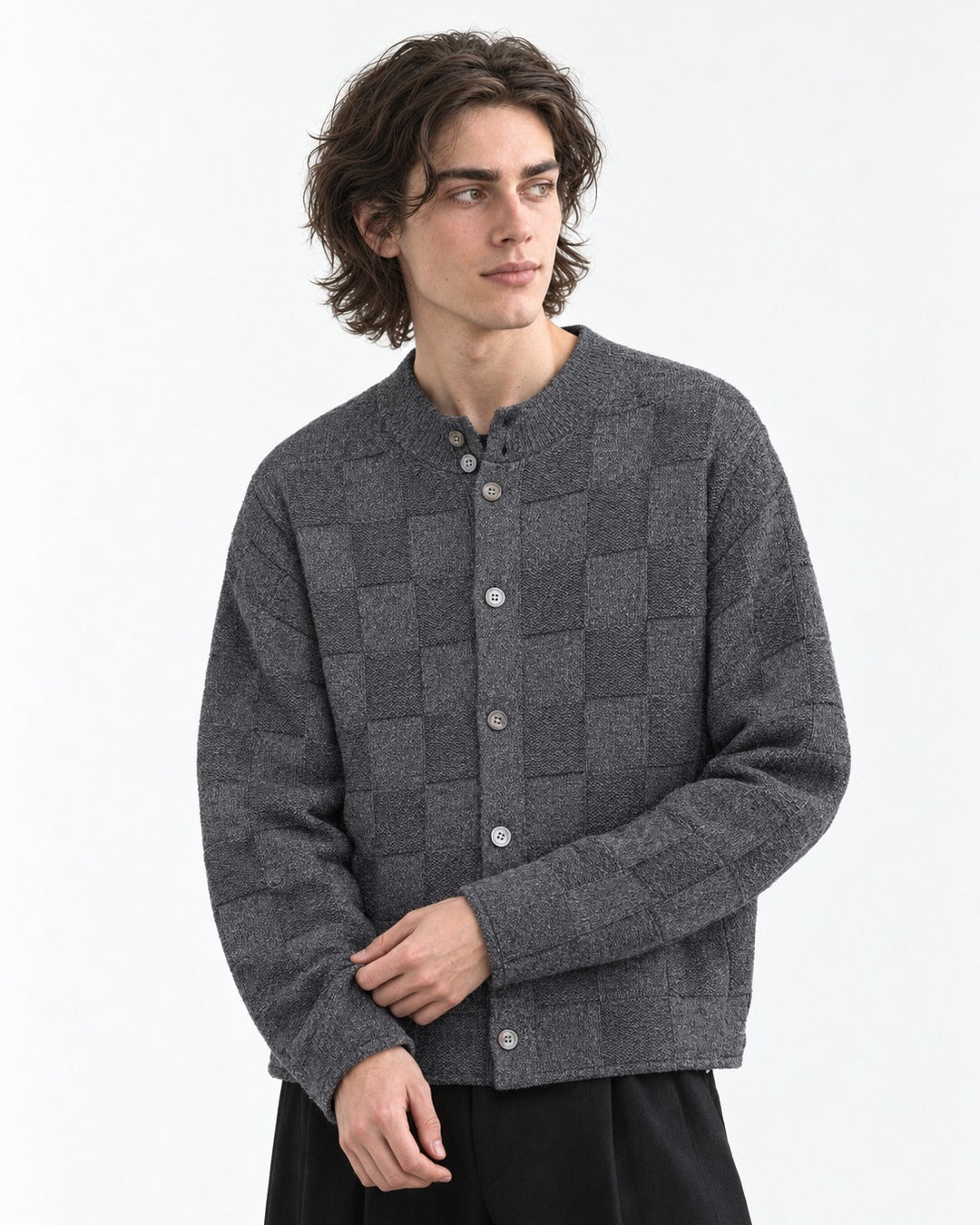 Checkerboard-Knit Button Cardigan