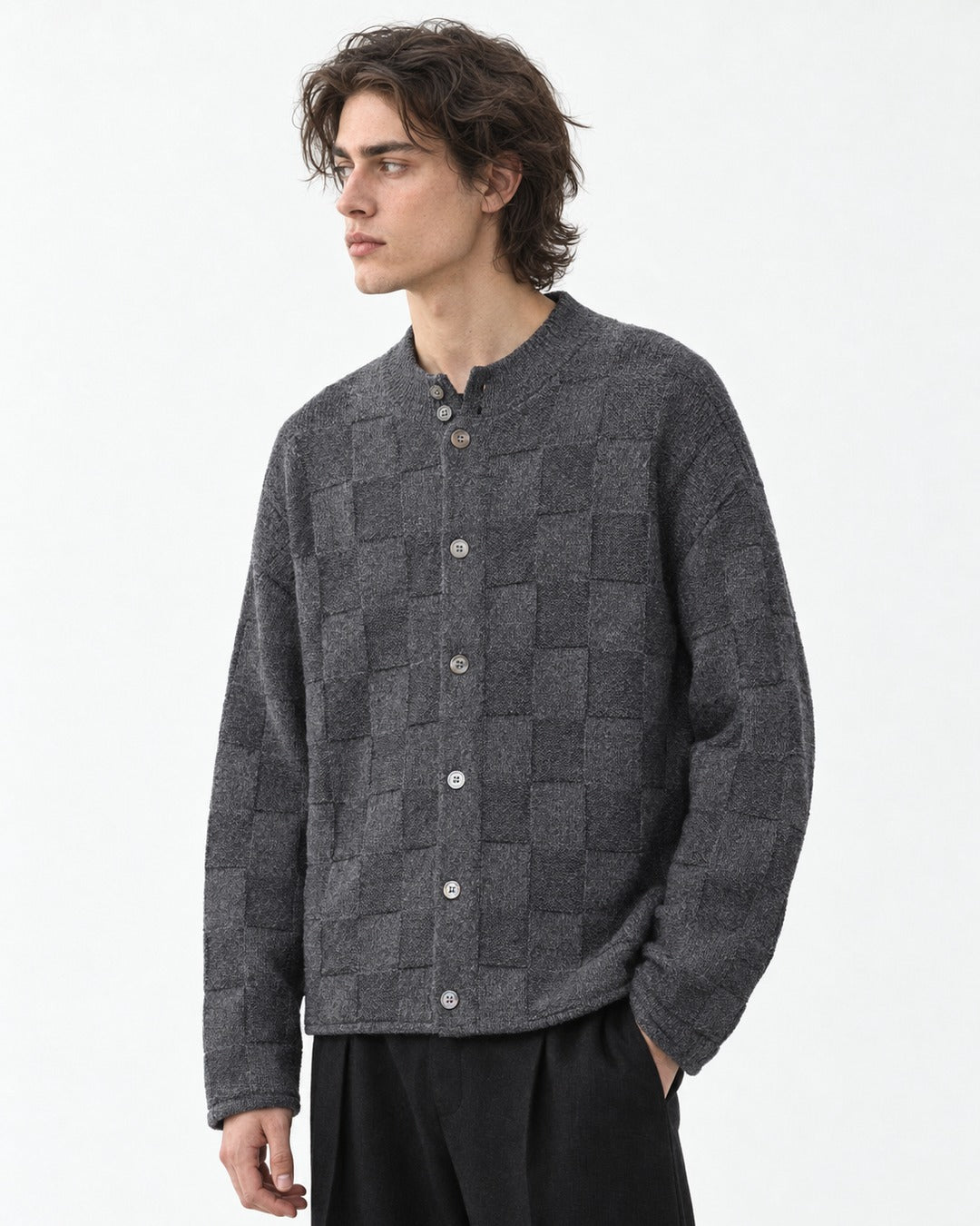 Checkerboard-Knit Button Cardigan