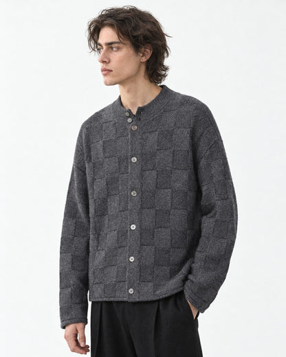 Checkerboard-Knit Button Cardigan
