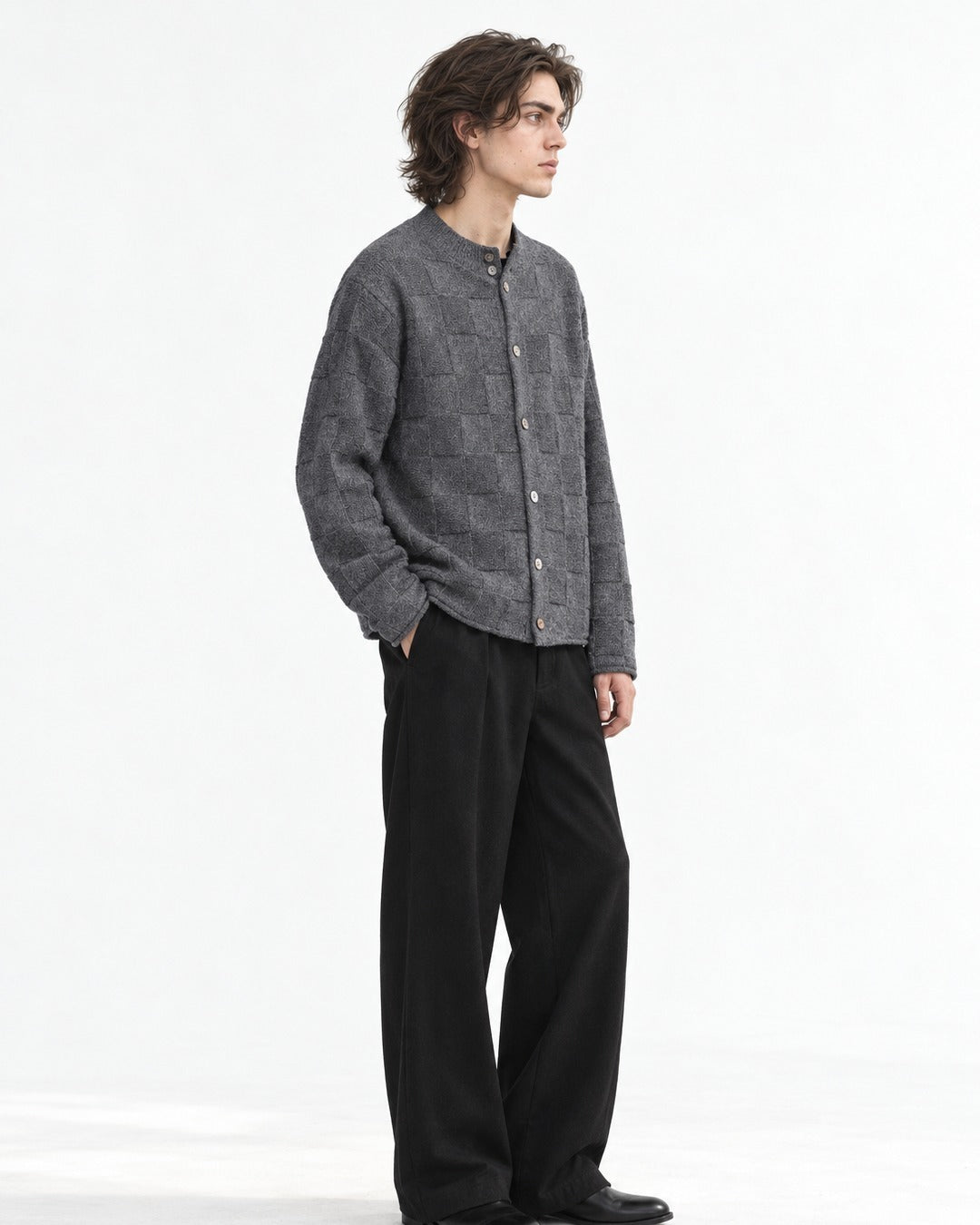 Checkerboard-Knit Button Cardigan
