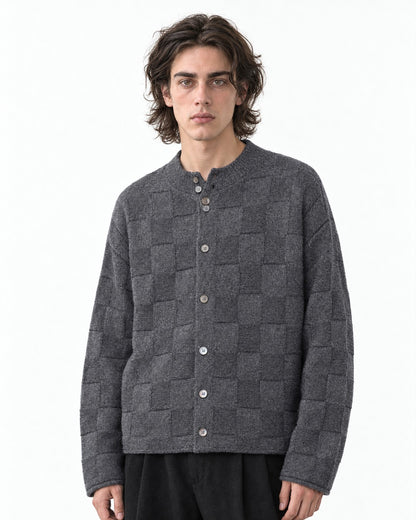 Checkerboard-Knit Button Cardigan
