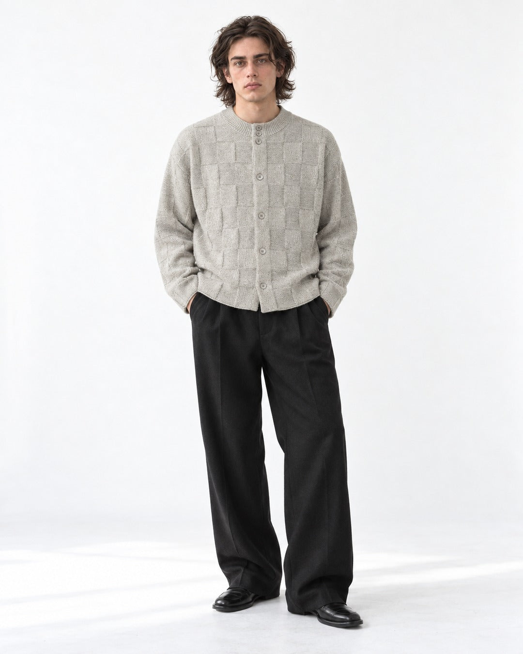 Checkerboard-Knit Button Cardigan