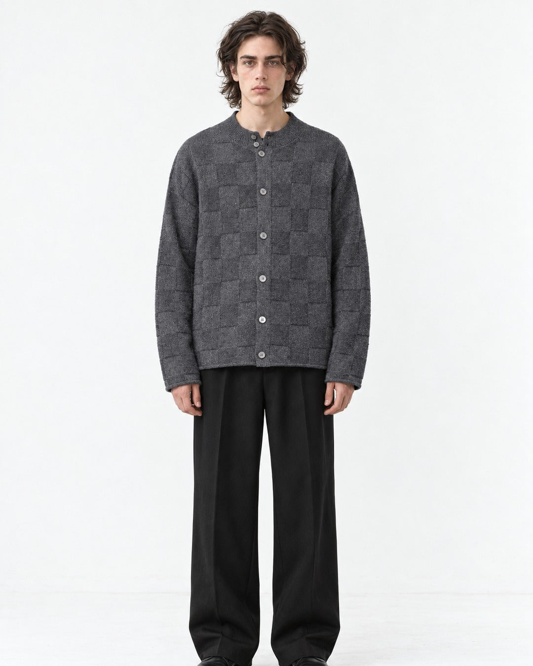 Checkerboard-Knit Button Cardigan