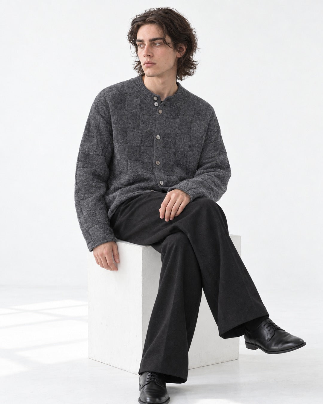 Checkerboard-Knit Button Cardigan