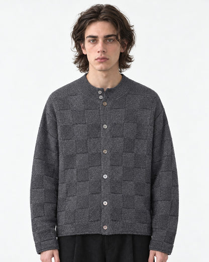 Checkerboard-Knit Button Cardigan