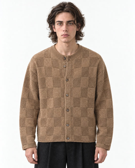 Checkerboard-Knit Button Cardigan