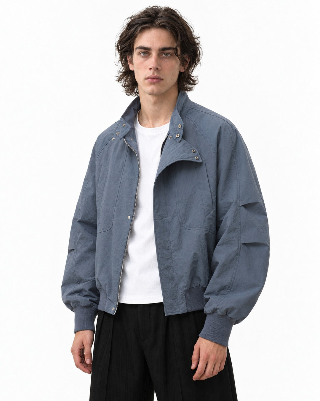Curved Lapel Stand Collar Jacket