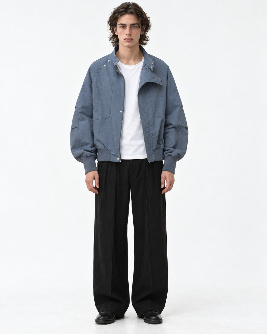 Curved Lapel Stand Collar Jacket