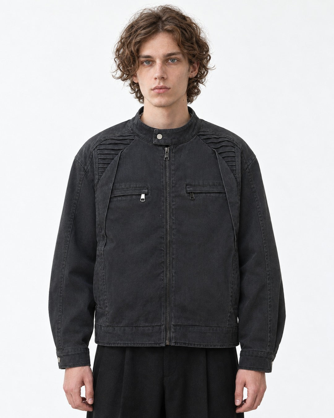 Ribbed-Shoulder Snap Collar Zip Jacket