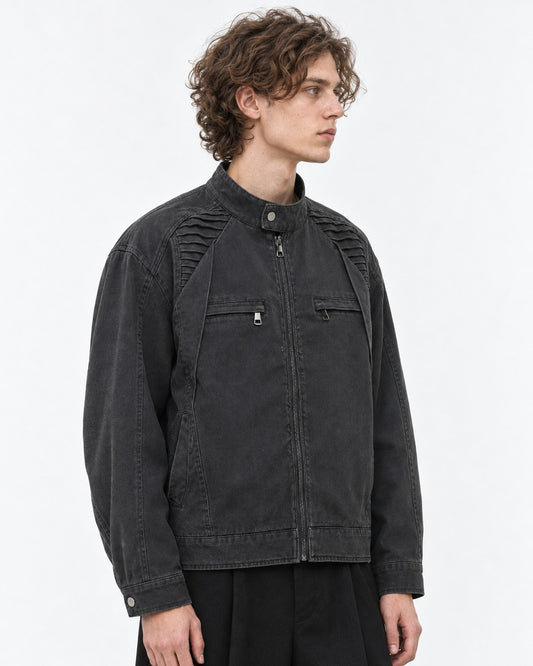 Ribbed-Shoulder Snap Collar Zip Jacket