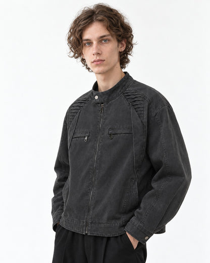 Ribbed-Shoulder Snap Collar Zip Jacket