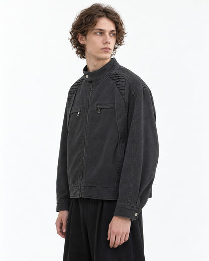Ribbed-Shoulder Snap Collar Zip Jacket
