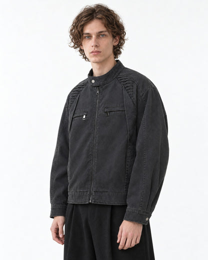 Ribbed-Shoulder Snap Collar Zip Jacket