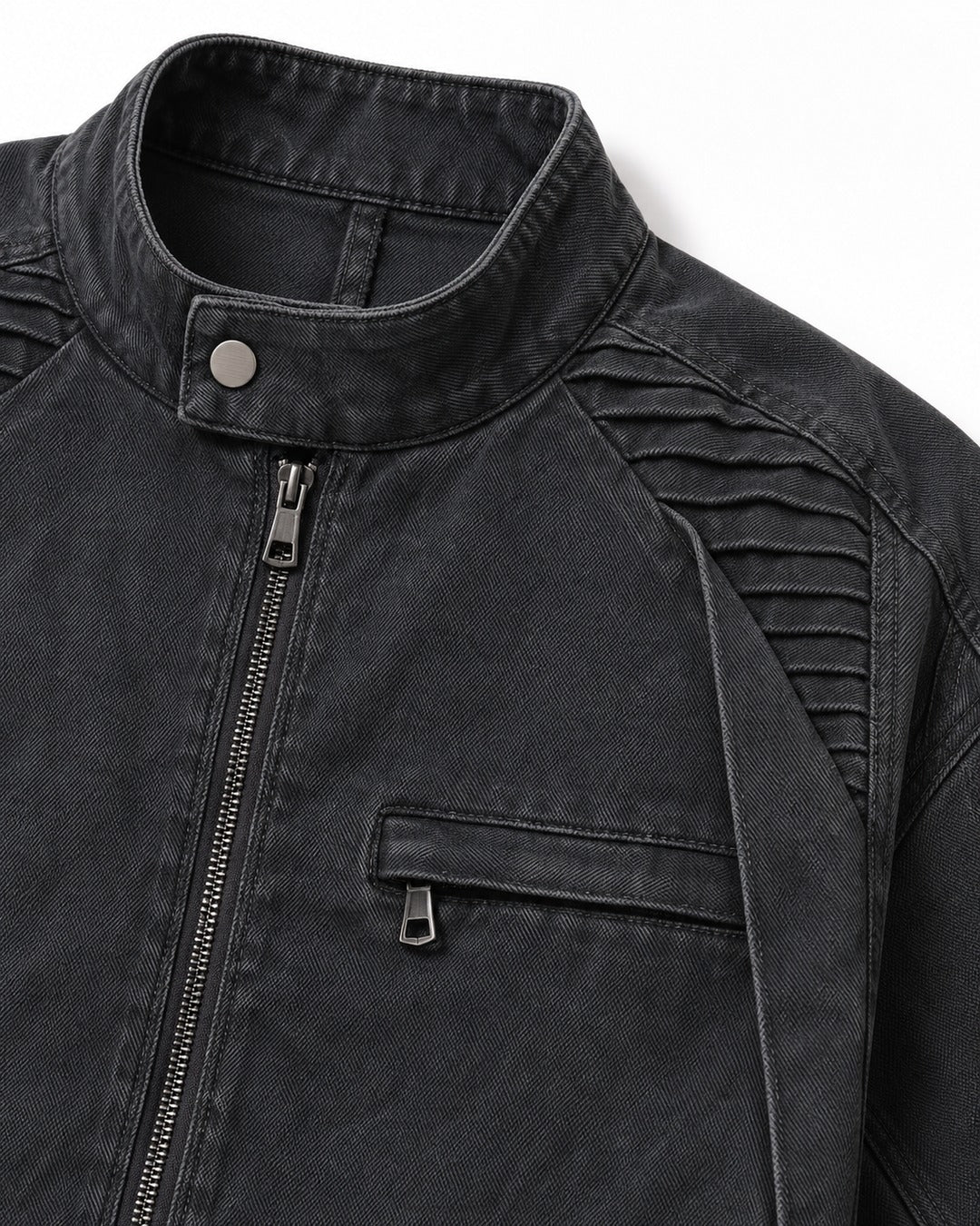 Ribbed-Shoulder Snap Collar Zip Jacket
