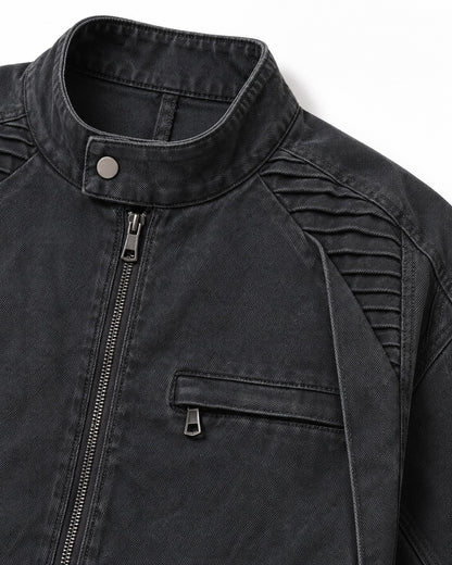 Ribbed-Shoulder Snap Collar Zip Jacket