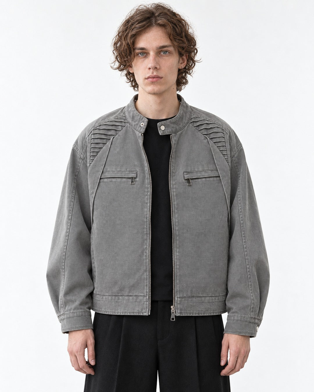 Ribbed-Shoulder Snap Collar Zip Jacket