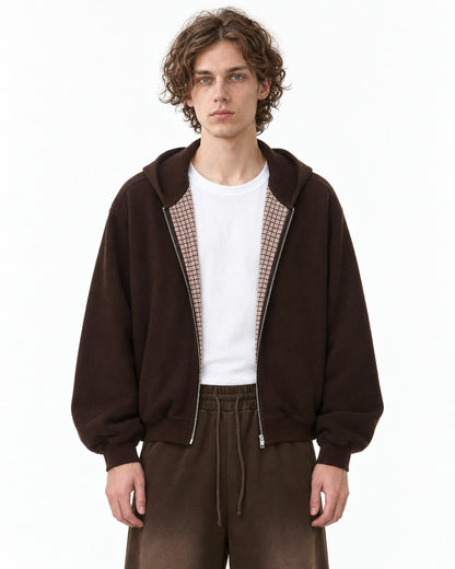 Checked-Placket Zip Hoodie and Sweatpants Set-Up