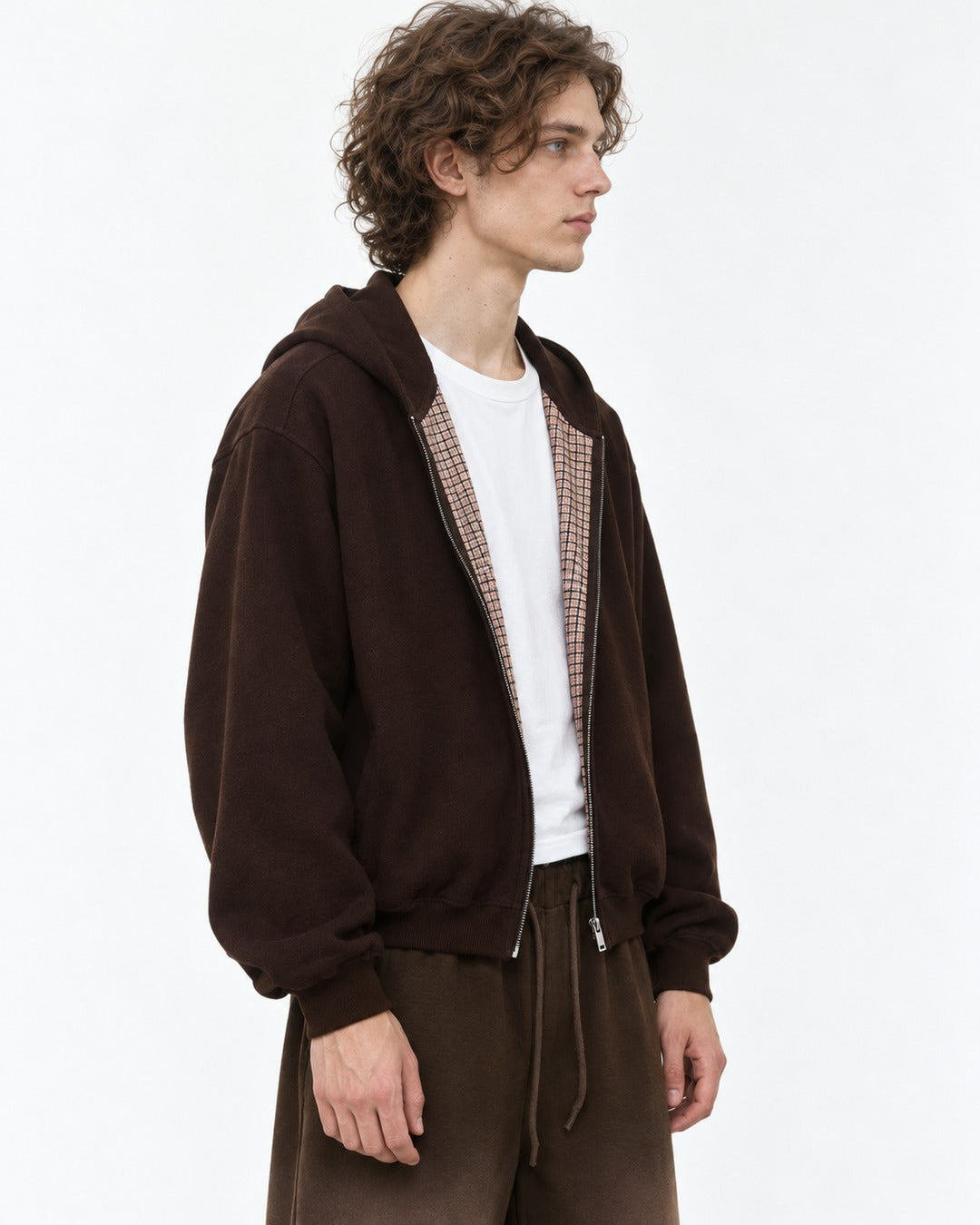 Checked-Placket Zip Hoodie and Sweatpants Set-Up