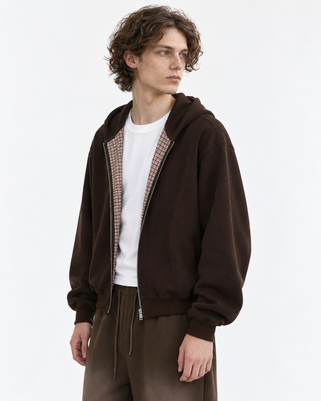 Checked-Placket Zip Hoodie and Sweatpants Set-Up