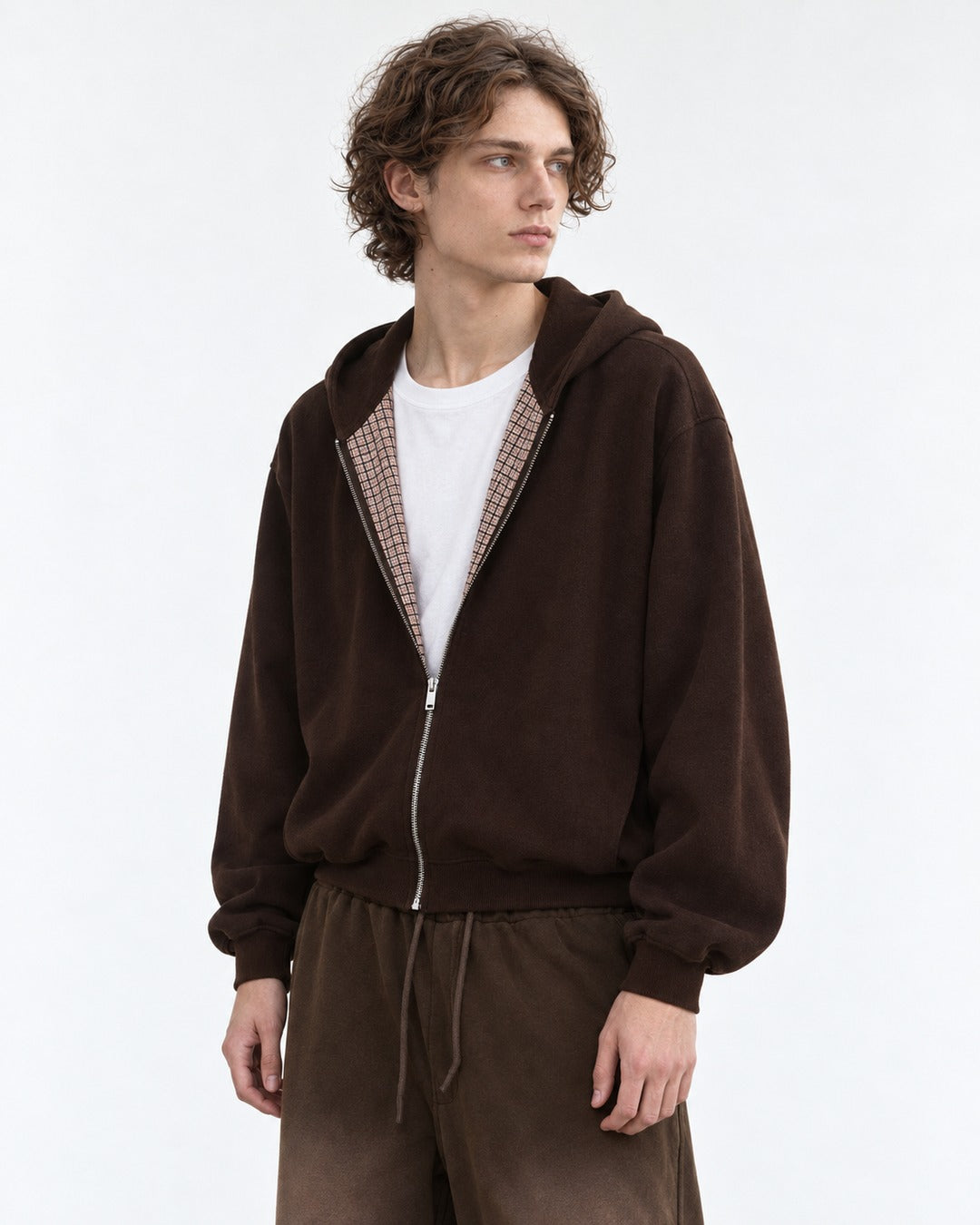 Checked-Placket Zip Hoodie and Sweatpants Set-Up