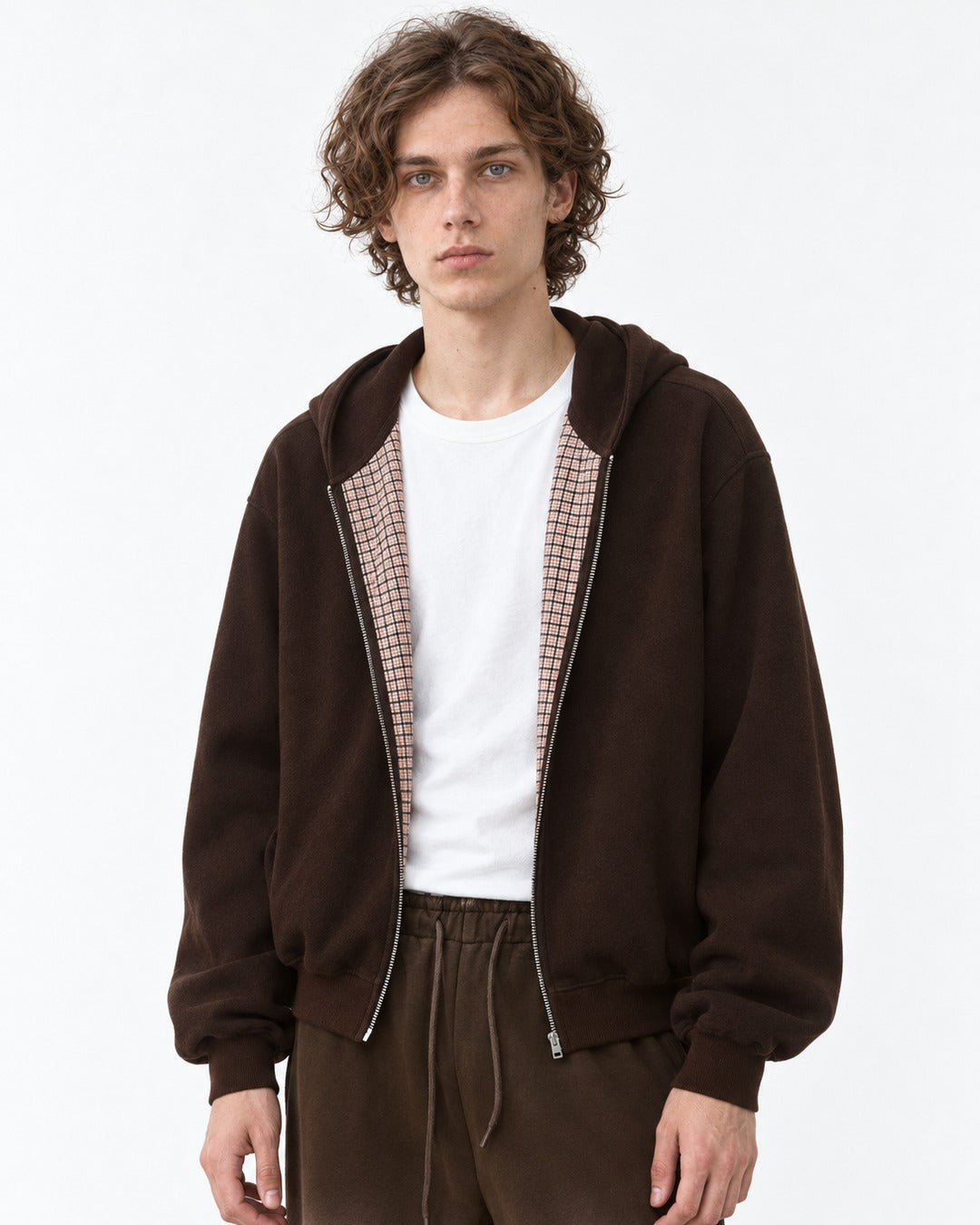Checked-Placket Zip Hoodie and Sweatpants Set-Up