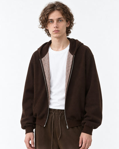 Checked-Placket Zip Hoodie and Sweatpants Set-Up