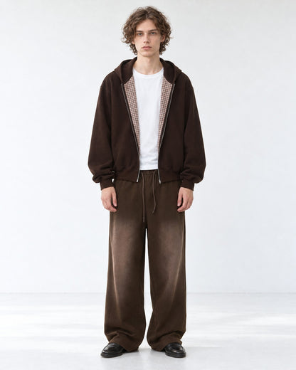 Checked-Placket Zip Hoodie and Sweatpants Set-Up