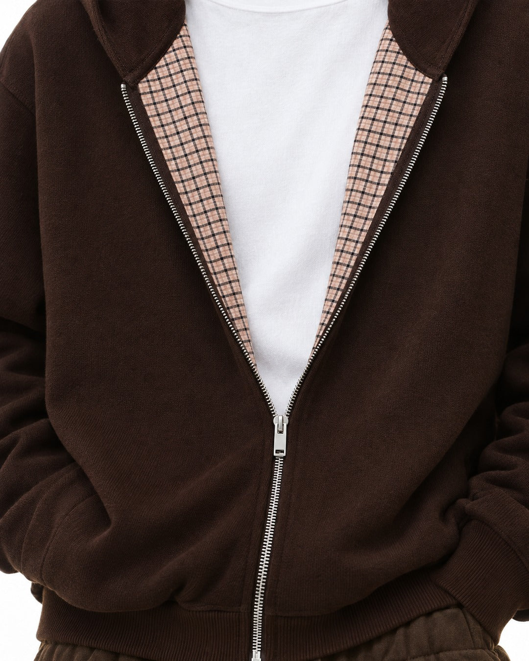 Checked-Placket Zip Hoodie and Sweatpants Set-Up