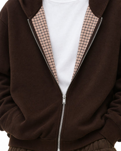 Checked-Placket Zip Hoodie and Sweatpants Set-Up