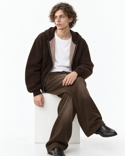 Checked-Placket Zip Hoodie and Sweatpants Set-Up