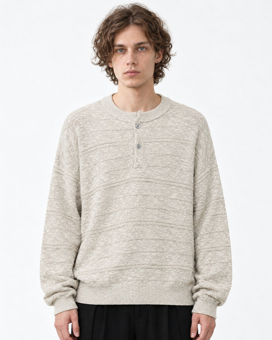 Henley Placket Textured Knit Sweater