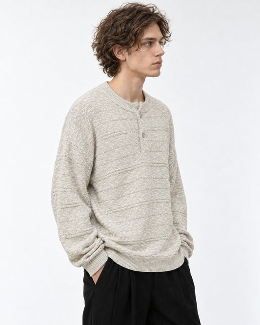 Henley Placket Textured Knit Sweater