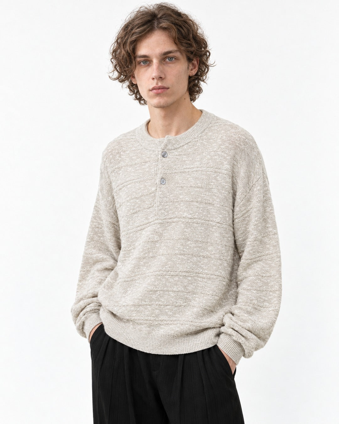 Henley Placket Textured Knit Sweater