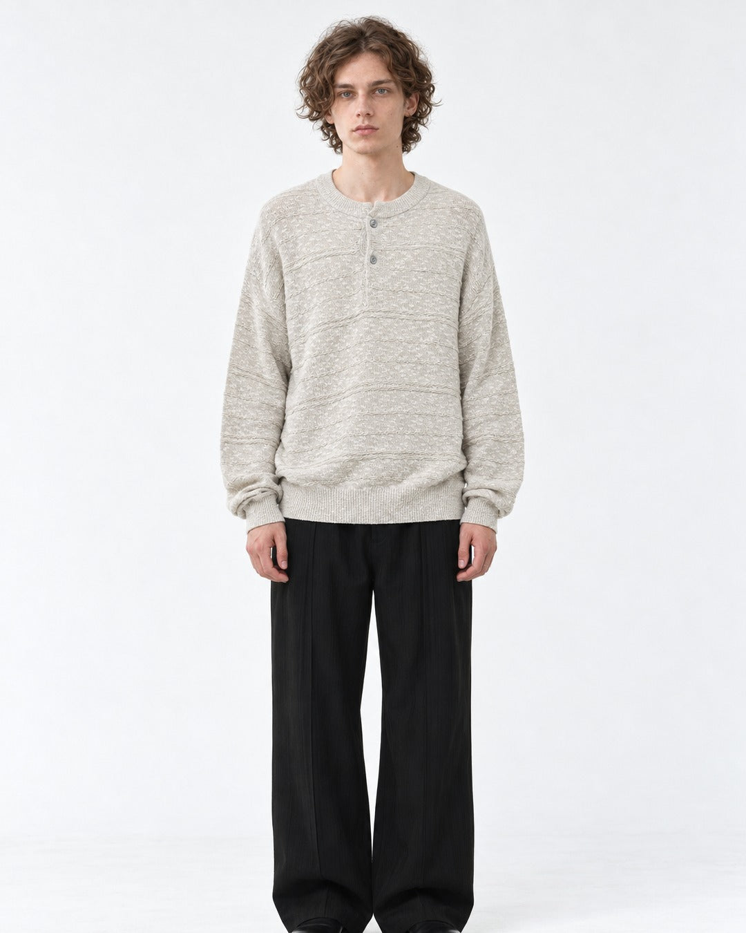 Henley Placket Textured Knit Sweater