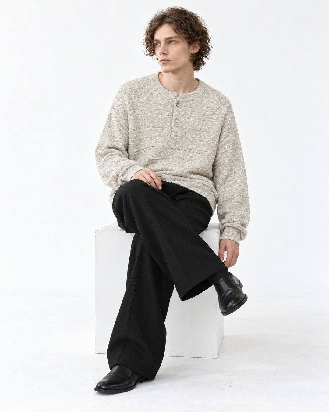 Henley Placket Textured Knit Sweater