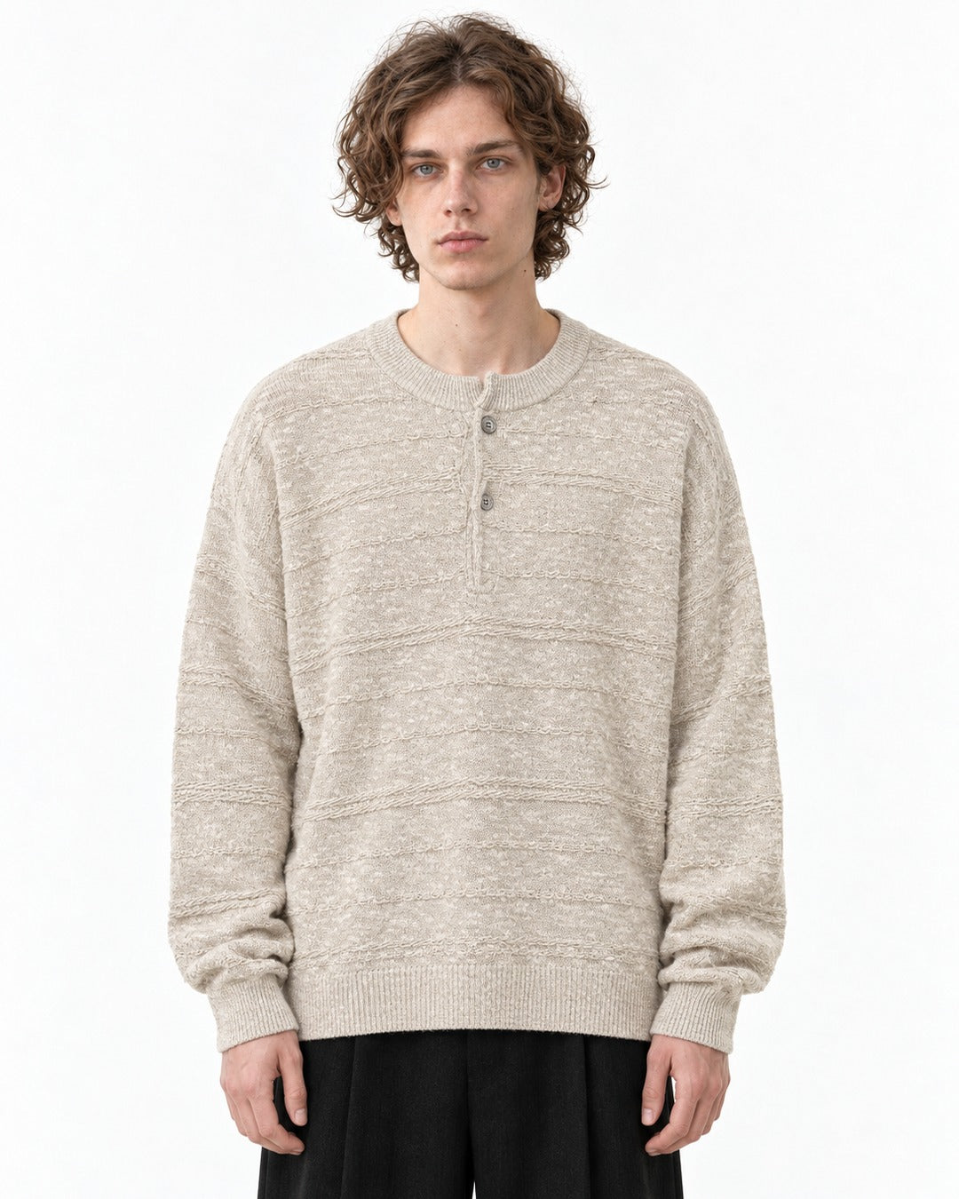 Henley Placket Textured Knit Sweater