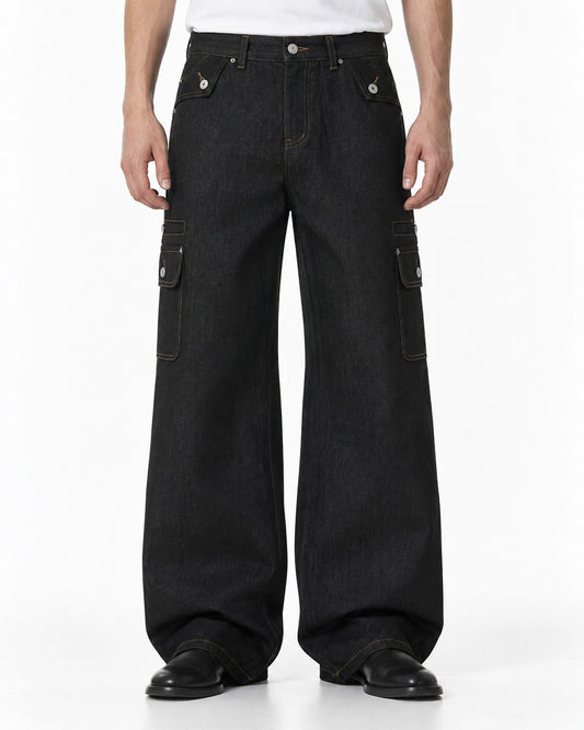 Contrast-Stitch Flap-Pocket Straight-Leg Jeans