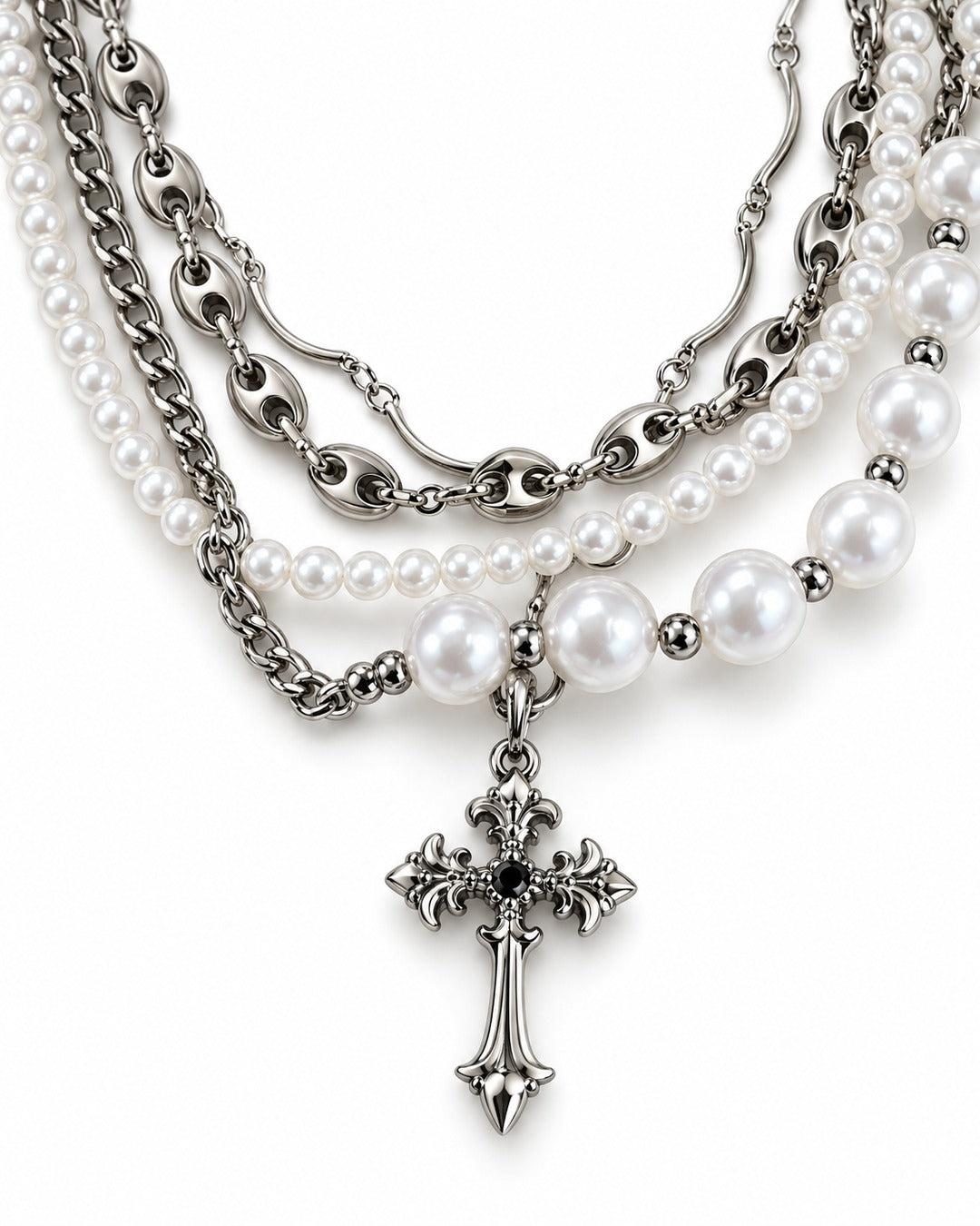 Cross Pearl Layered Necklace